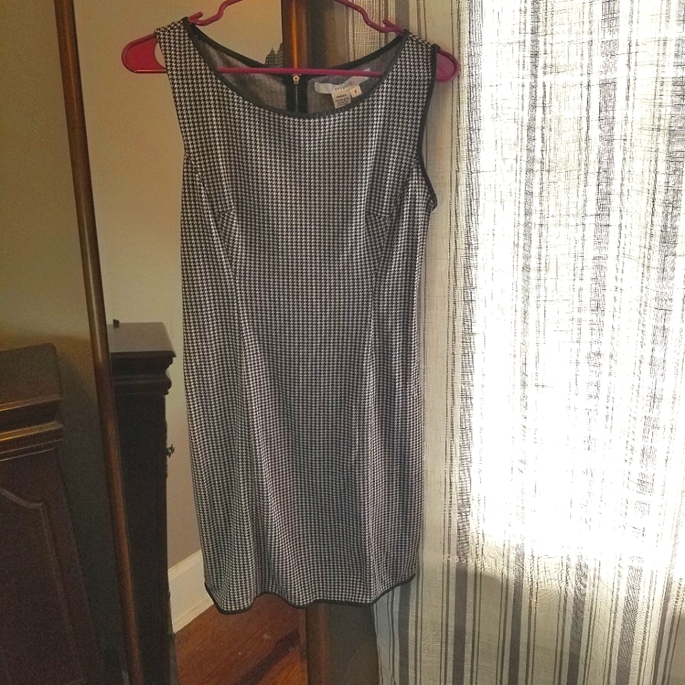 Houndstooth Sheath Dress, "Leather" Trim